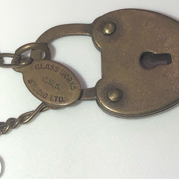 Vtg Glass Works Studio Ltd GWS Brass & Glass Heart Charm Necklace Extra Long 36” - Picture 5 of 6